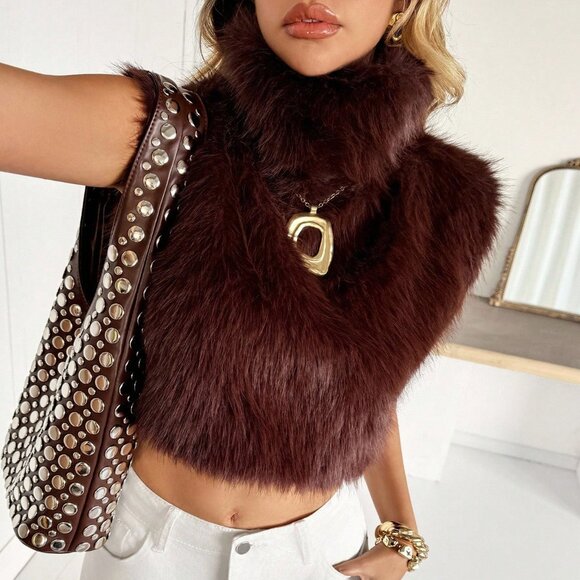 Brown Preppy Women's Faux Fur Turtleneck Cropped Vest Top - Picture 8 of 8